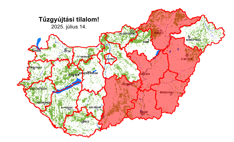 Aktuális tűzgyújtási tilalom térkép (2025.07.14)